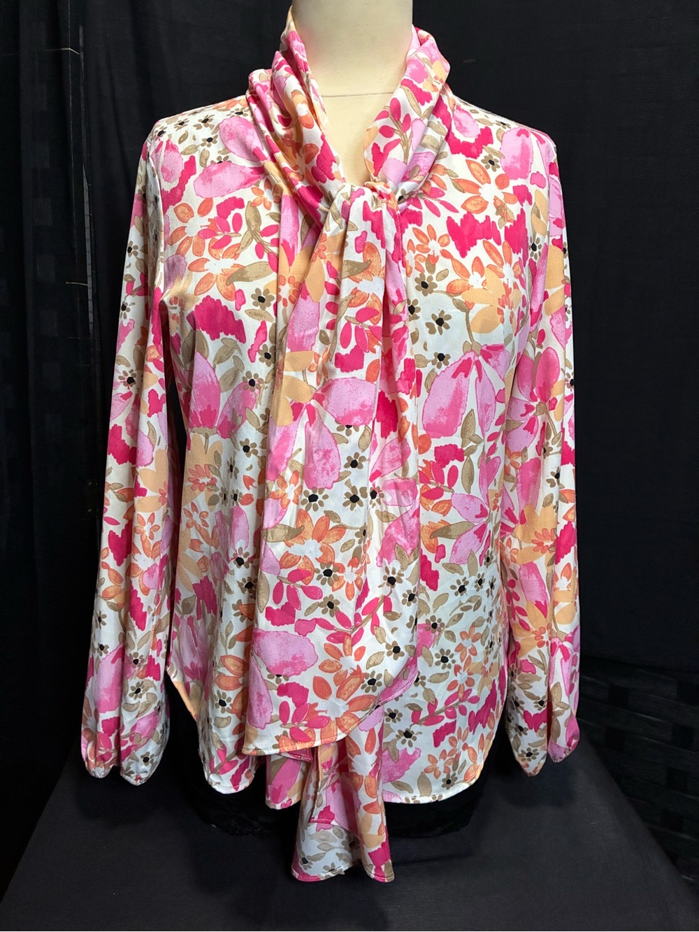 Bar III Pink & Peach Floral Tie-Neck Blouse